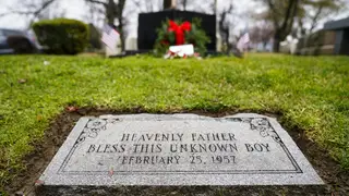 The gravesite of a small boy whose battered body was found abandoned in a cardboard box decades ago is seen in Philadelphia