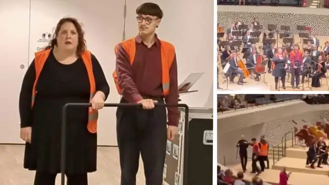 The pair's eco-protest was cut short by a worker at the concert hall