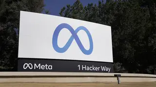 Facebook’s Meta logo sign is seen at the company headquarters in Menlo Park, California