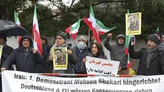 People protest in front of the Iranian embassy in Berlin, Germany, on December 8, 2022 against the execution of Iranian Mohsen Shekari