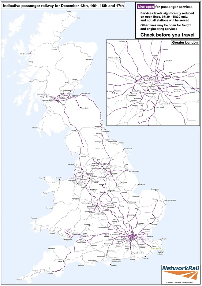 The rail routes open today are shown in purple on this map - but they are running severely reduced service