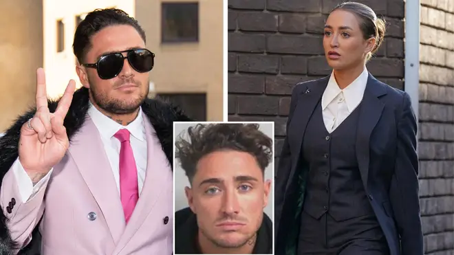 Stephen Bear arriving at Chelmsford Crown Court (l) and police mugshot (inset) and Georgia Harrison (r)