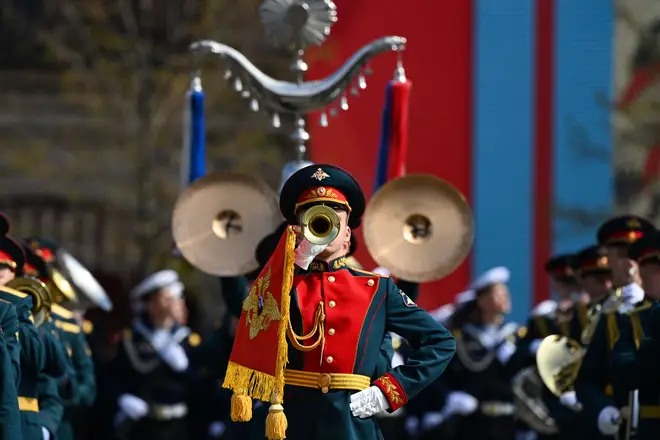 A Russian military band during a rehearsal for the nation's Victory Day military parade in central Moscow, May 7, 2022.