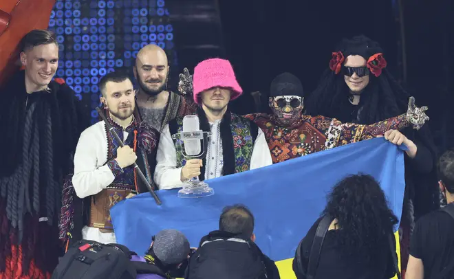 Kalush Orchestra from Ukraine poses with the trophy for a winning picture after winning the Eurovision Song Contest, Turin, Italy. 15th May, 2022.