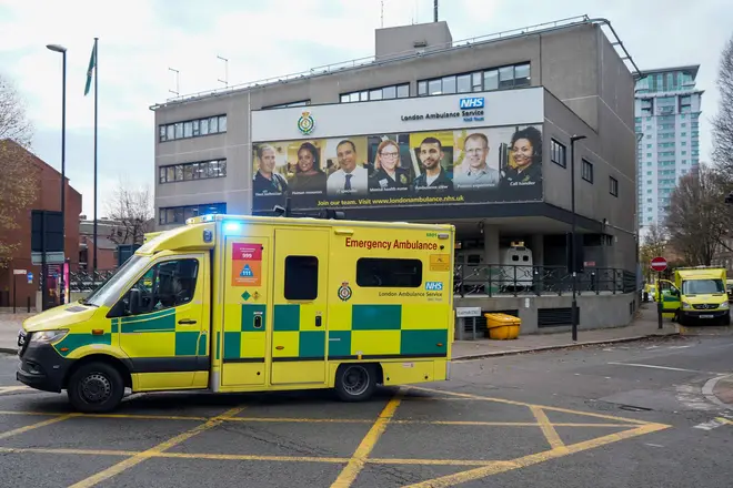An ambulance drives past the Waterloo ambulance station