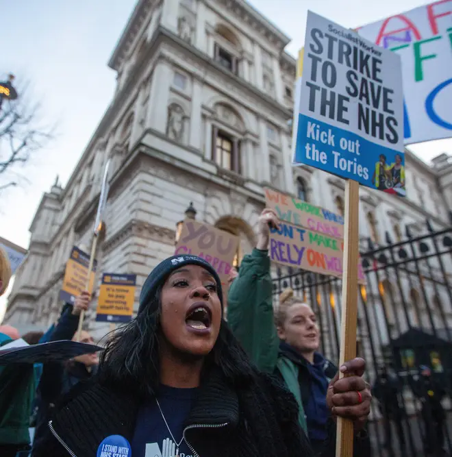 NHS staff march to Downing Street on the second day of nurses strike in the UK.