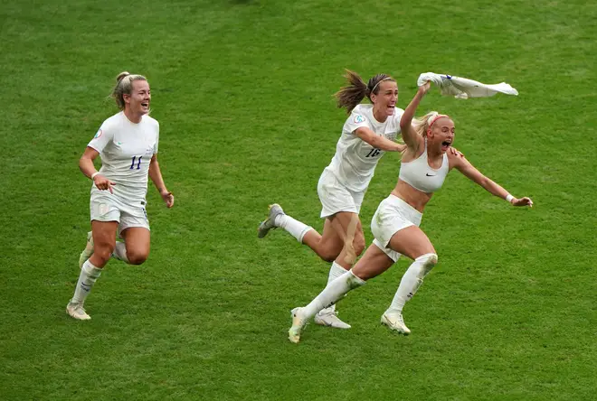 England's Chloe Kelly celebrates scoring their side's second goal of the game during the UEFA Women's Euro 2022 final at Wembley Stadium, London.