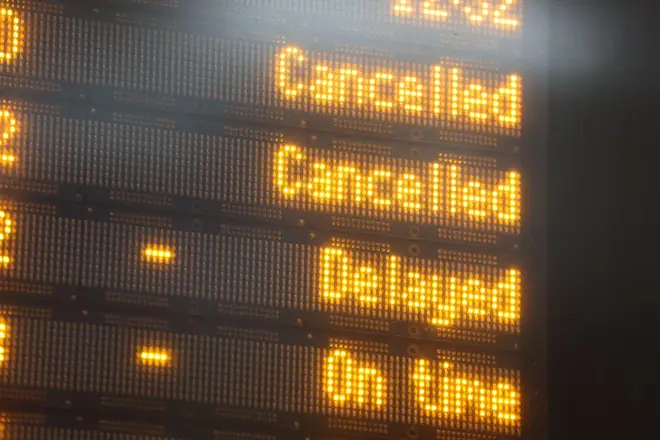File photo dated 19/2/2022 of the departures board Victoria station, London, displaying cancelled and delayed trains.