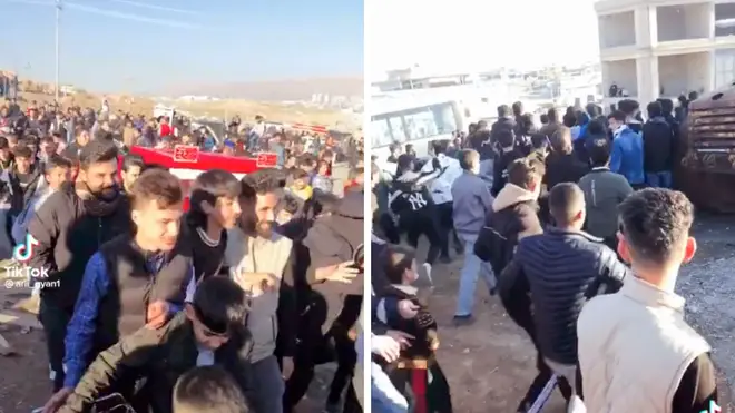 The crowds of men chased the young girl out of motorcycle meet after kicking her against the car