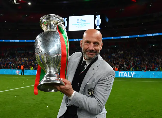 Head of Italy delegation Gianluca Vialli celebrates with The Henri Delaunay Trophy following his team's victory in the UEFA Euro 2020 Championship