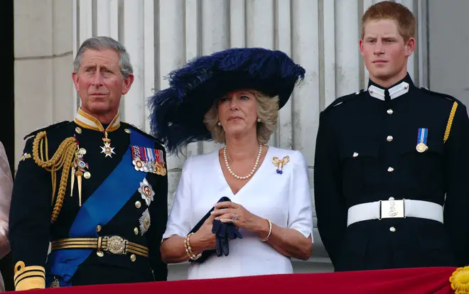 Prince Harry alongside Charles and Camilla