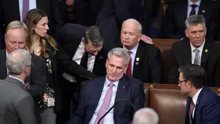 Rep. Kevin McCarthy, R-Calif., reacts after losing the 14th vote in the House chamber as the House meets for the fourth day to elect a speaker and convene the 118th Congress in Washington, Friday, Jan