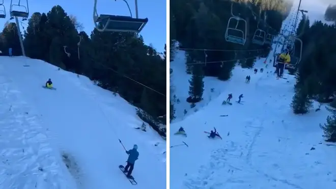 The snowboarder lost his grip going up the slip and slid back down