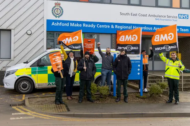 Paramedics striking on a picket line outside Ashford NHS South East Coast Ambulance Services Make Ready Centre run by Churchill Group on the 21st of December 2022.