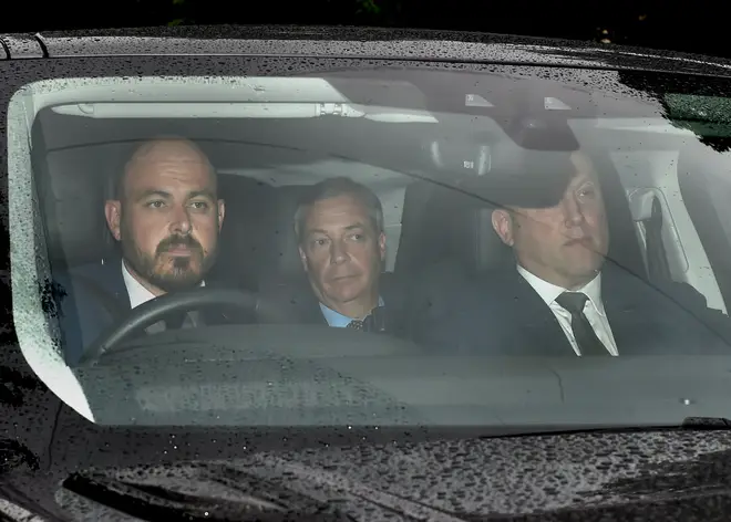 Brexit Party leader Nigel Farage (centre) arrives at Winfield House, the residence of the Ambassador of the United States of America to the UK