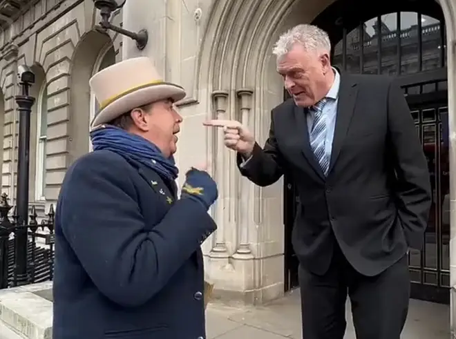 Tory MP '30p Lee' Anderson has been filmed swiping the hat off Stop Brexit Man Steve Bray after a fierce confrontation outside Westminster