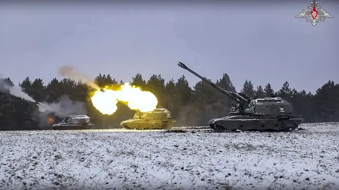 Russian self-propelled 152.4 mm howitzers Msta fire on a mission at an undisclosed location in Ukraine