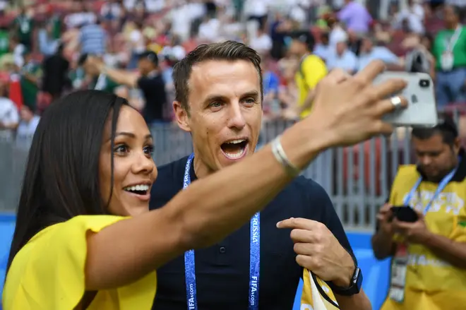 Alex Scott with fellow pundit Phil Neville during the 2018 World Cup