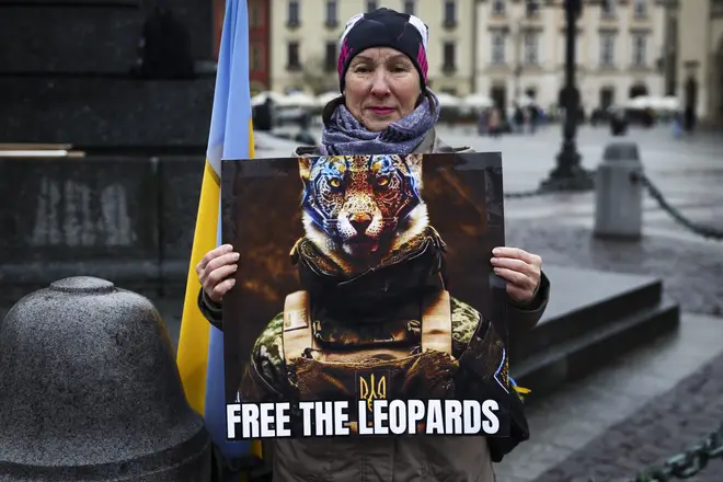 Ukrainian citizens and supporters attend a demonstration of solidarity with Ukraine at the Main Square on day 336 of Russian invasion on Ukraine