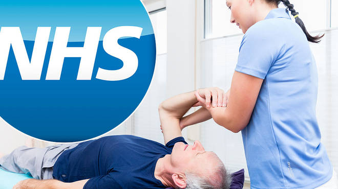 NHS logo and a physio with her patient