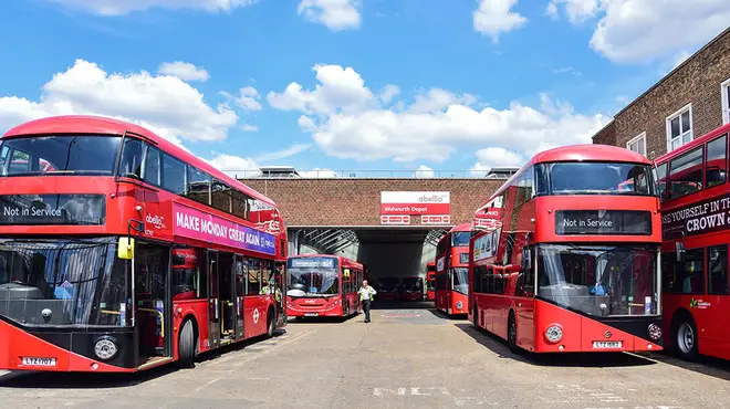 London buses stationary at bus station