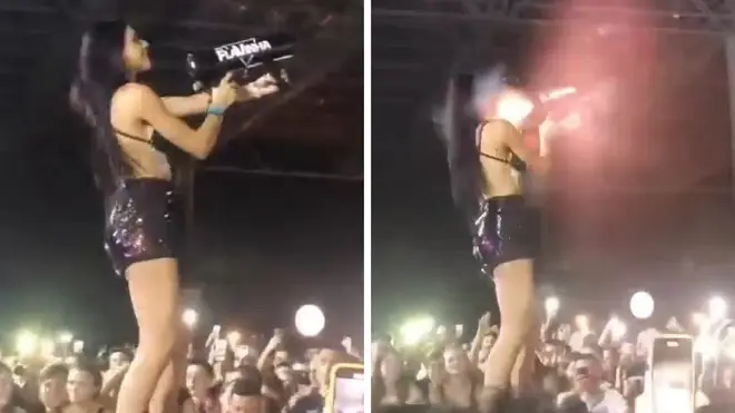 DJ Flavinha shot herself in the face with the confetti cannon