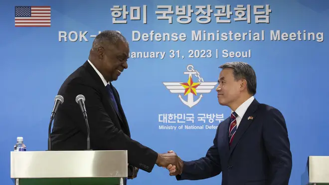 US Defence Secretary Lloyd Austin shakes hands with South Korean Defence Minister Lee Jong-sup