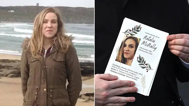 Natalie McNally pictured on the beach and alongside her funeral service card