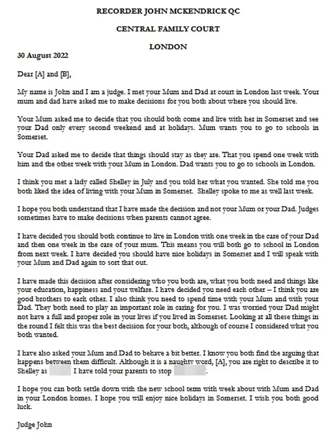 The letter the judge sent to the boys