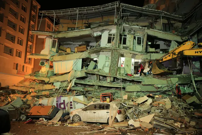 Search and rescue efforts continue around the wreckage in Diyarbakir, Turkiye following 7.7 and 7.6 magnitude earthquakes hit Turkiye's Kahramanmaras on February 7, 2023.