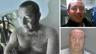 David Carrick as he is arrested (main) as a policeman (top r) and police mugshot (bottom left)