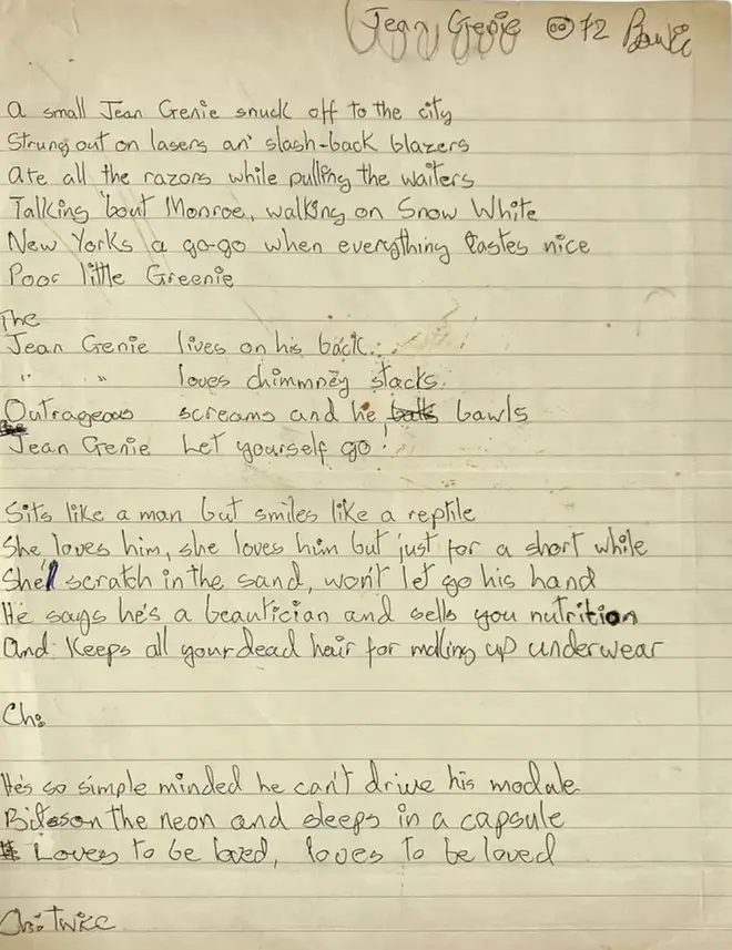 The lyric sheet for The Jean Genie features 18 lines written on a piece of A4 lined paper, titled, signed and dated by the chameleonic musician.