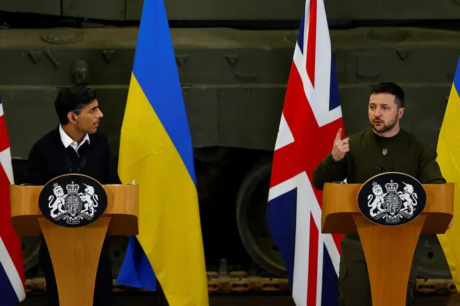 Ukrainian President, Volodymyr Zelensky and British Prime Minister Rishi Sunak hold a news conference at an army camp