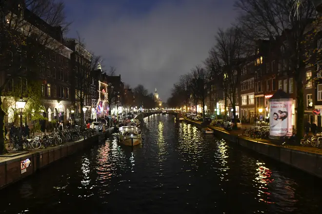 Night view of Red Light District on December 9, 2022 in Amsterdam, Netherlands.