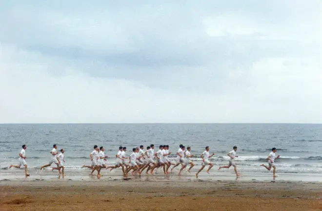 Athletes run on a shot from Hudson most famous film.