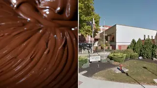 Vat of melted chocolate (stock) and Mars Wrigley factory in Pennsylvania