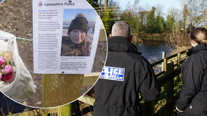 Nicola Bulley missing person poster alongside police