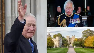 King Charles waving, wearing uniform and Windsor castle