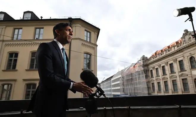 UK Prime Minister Rishi Sunak gives a television interview on the sidelines of the Munich Security Conference (MSC) on February 18, 2023 in Munich, Germany.