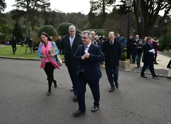 DUP leader Sir Jeffrey Donaldson departs after speaking to the media following talks with UK Prime Minister Rishi Sunak at Culloden hotel on February 17, 2023 in Belfast, Northern Ireland.