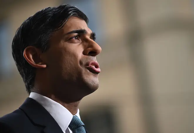 UK Prime Minister Rishi Sunak gives a television interview on the sidelines of the Munich Security Conference (MSC) on February 18, 2023 in Munich, Germany.