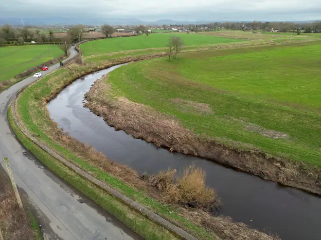 An aerial view of the River Wyre where police divers recovered a body near to the village of St Michael's on Wyre