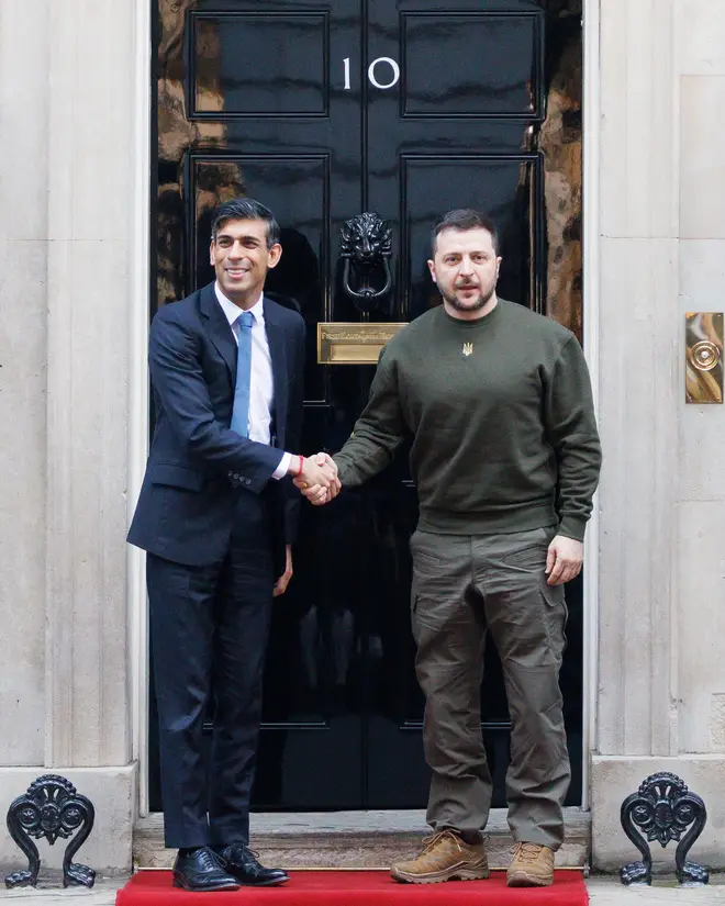 Ukrainian President Zelenskyy outside Downing Street with Rishi Sunak during his visit to the UK.