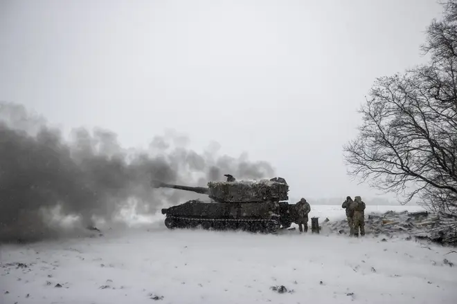 Ukrainian soldiers fire a US-made "M109" self-propelled howitzer on the frontline, in Donetsk Oblast, Ukraine