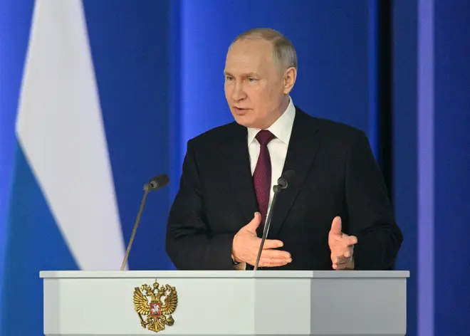 Russian President Vladimir Putin delivers his annual state of the nation address at the Gostiny Dvor conference centre in central Moscow on February 21, 2023.