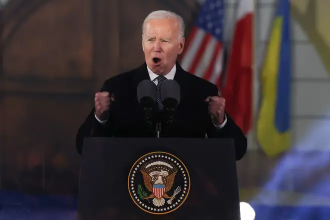 Joe Biden delivers the speech at the Royal Castle Gardens in Warsaw, Poland on February 21, 2023.