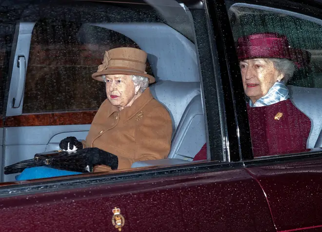The late Queen Elizabeth II, accompanied by her lady-in-waiting Lady Susan Hussey after attending Sunday service at the Church of St Mary Magdalene on the Sandringham estate in 2020