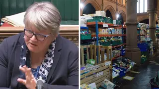 Therese Coffey said people struggling to afford food and relying on food banks (right) could work more hours