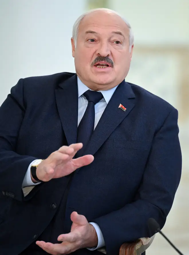 Belarus' President Alexander Lukashenko speaks as he meets with foreign media at his residence, the Independence Palace, in the capital Minsk on February 16, 2023.