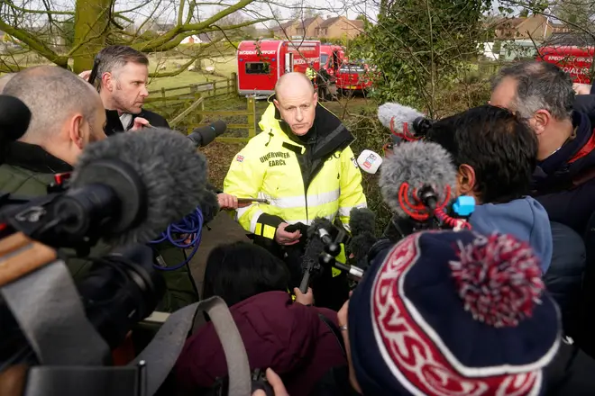 Peter Faulding speaks to the media in St Michael's on Wyre, Lancashire, as police continued their search for Nicola Bulley, February 6, 2023.